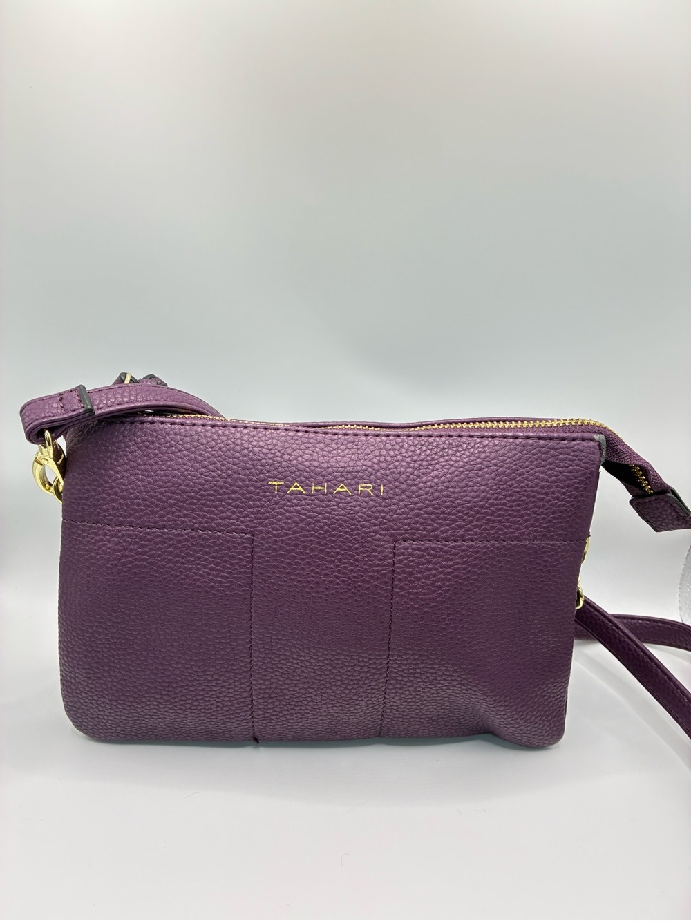 Tahari Plum Pebbled Leather Crossbody with Gold Hardware